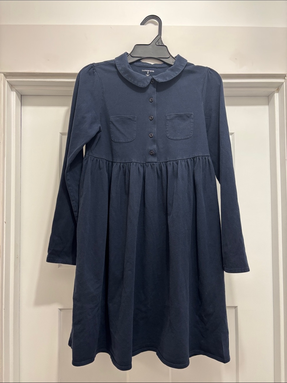 Lands End Navy Long-Sleeve Peter Pan Collar Kids Dress
